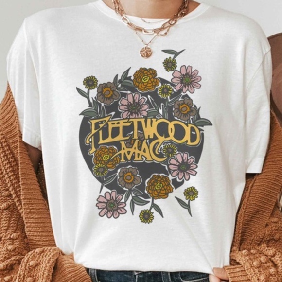 Tops - White Fleetwood Mac Stevie Nicks Floral Bella Canvas Relaxed Music Band Boho Tee